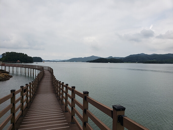 Calm, sheltered water beneath the boardwalk on a cloudy day