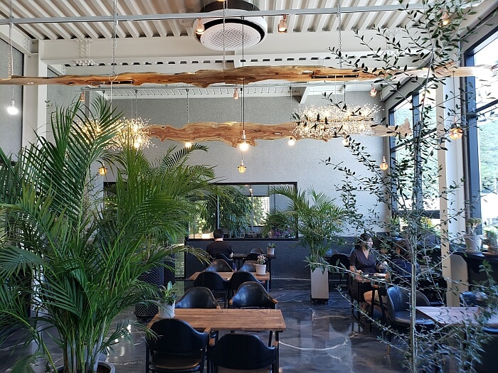 Interior of Camellia Coffee with tables and wooden logs overhead with dangling lights