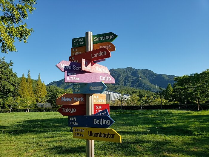 Arrow signs pointing to cities worldwide
