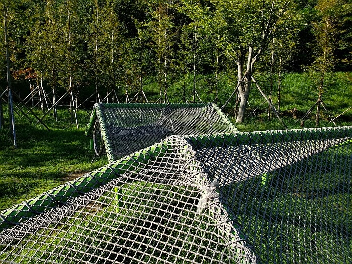 A netted climbing tent with small trees on the side