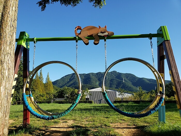 A pair of circular swings facing a grassy field and mountains in the distance