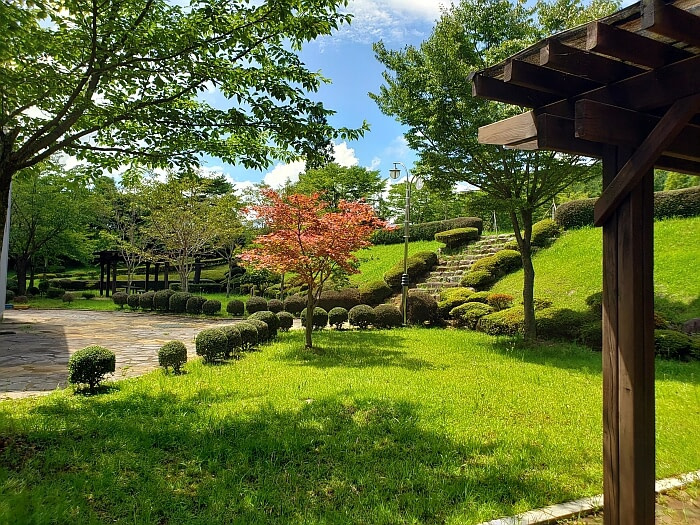 Stone steps leading up from a grassy area behind the exhibition hall