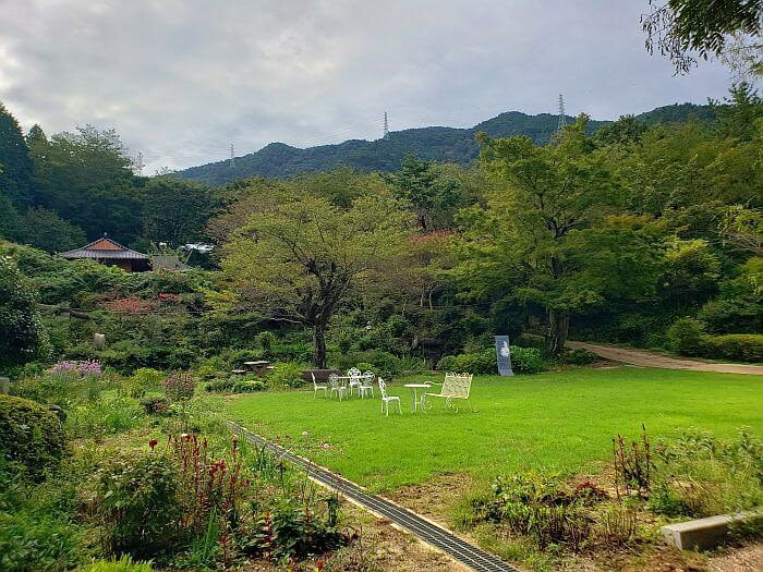 A grassy area with white tables and chairs in the center and bordered by lush plants and flowers