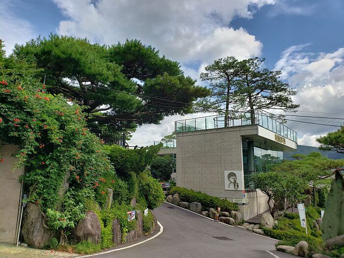 Lush trees and flowering bushes along a driveway next to the Dessert 39 café