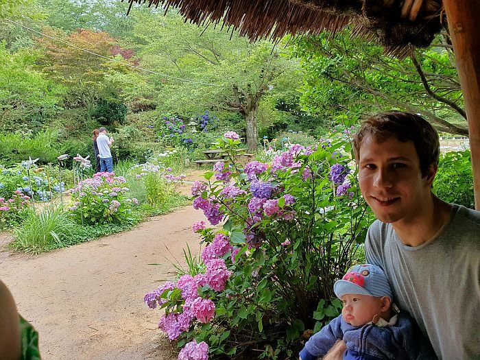 Noah and Nate next to pink hydrangeas