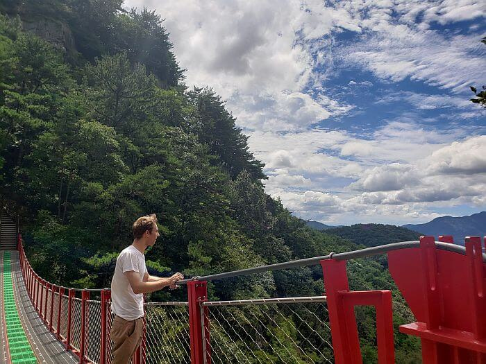 Nate looking over the side of a suspension bridge