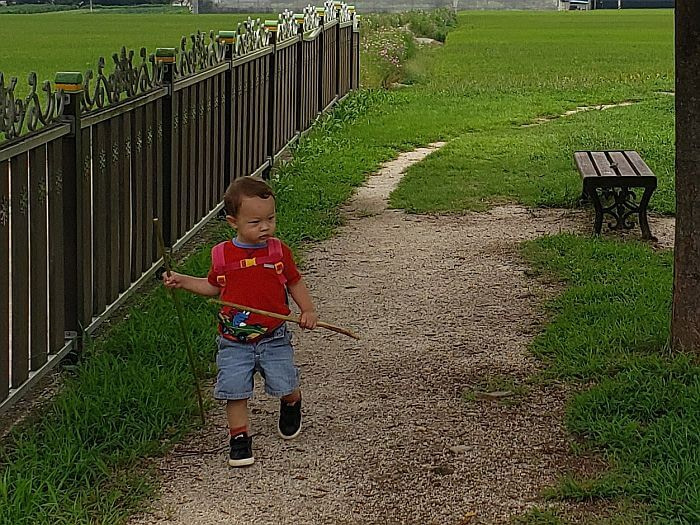 Noah walking with two stems with a serious look on his face