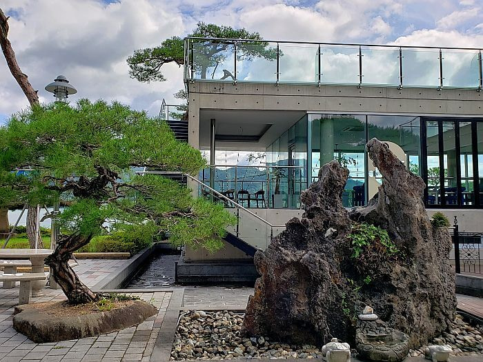 A small tree and large rock outside the café building