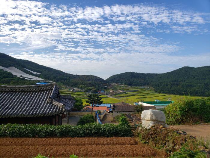 A view of a village and rice paddies below from a mountainside