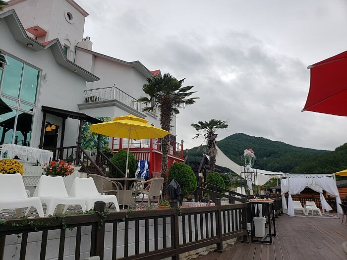 Chairs and palm trees and umbrellas outside at a café