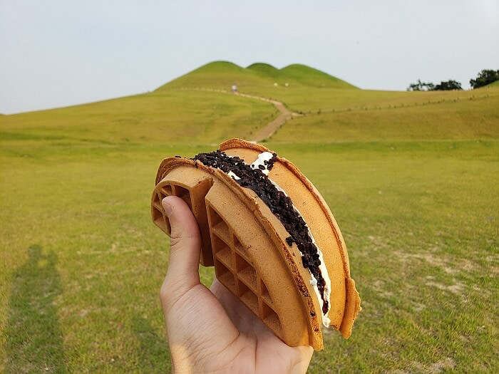 Holding a waffle folded at the large, grassy burial mounds site
