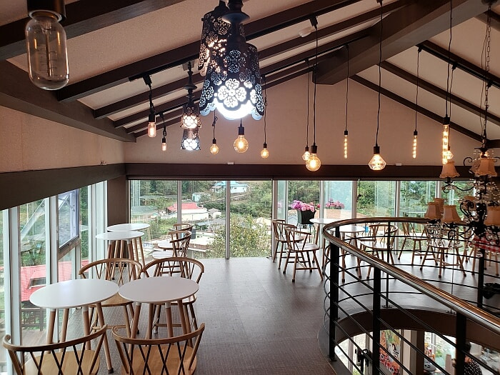 Light fixtures dangling from the second floor of a café