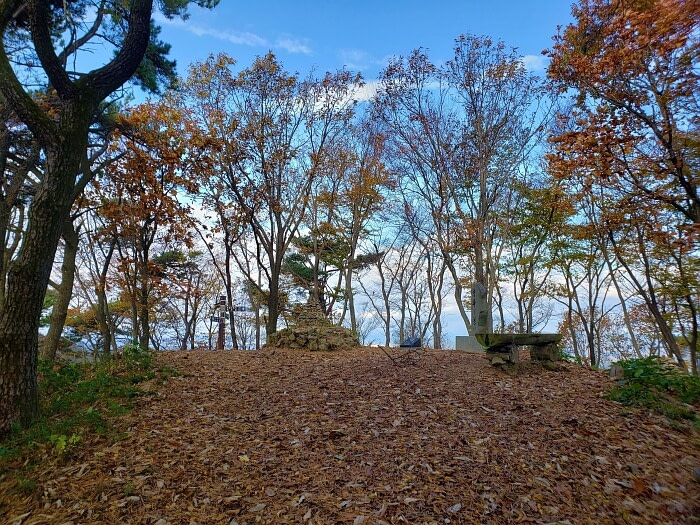 An open area at Yeonhwasan Peak 1 covered in fallen leaves