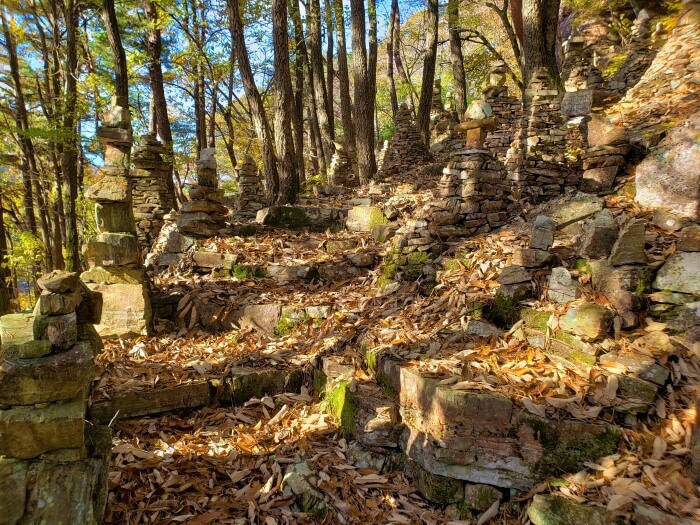 Stone steps between stone pagodas and rock structures