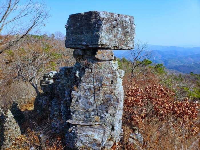 A large rock sticking out with a square top