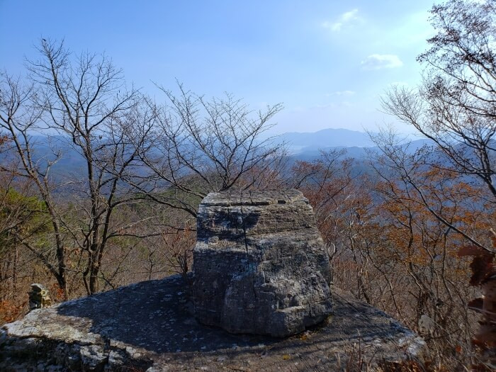 A rock overlooking a view and bare trees