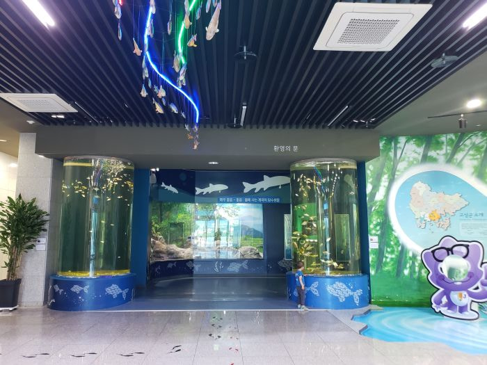Two pillars of fish tanks at the entrance to the Goseong Ecology Learning Center