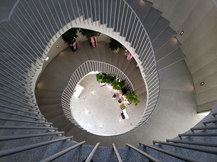 A spiral staircase at Café Zaha in Goseong, South Korea