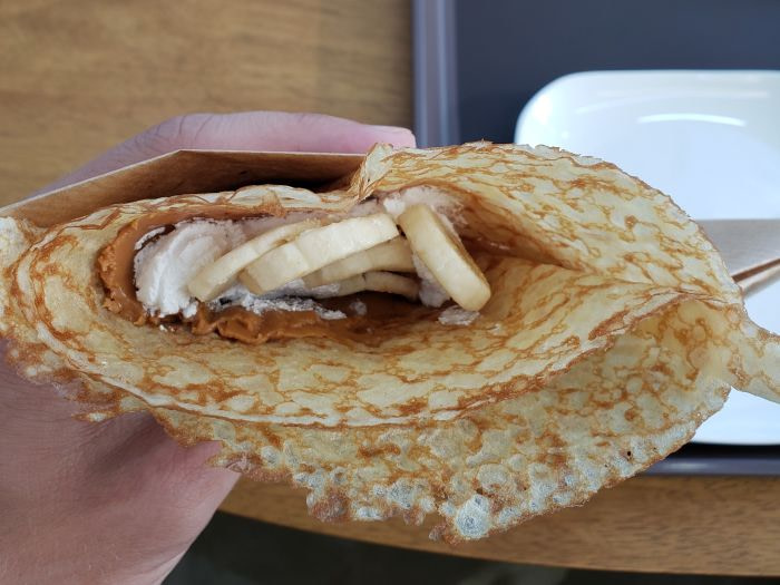 A peanut butter and banana crepe