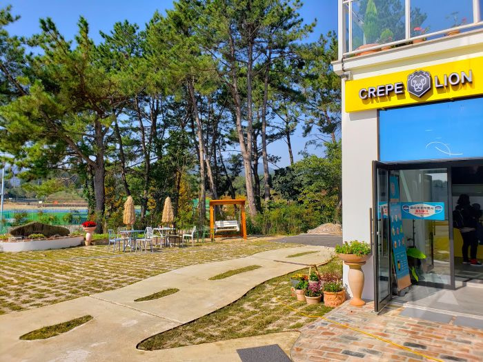 Small yard at entrance to Crepe Lion on a sunny day