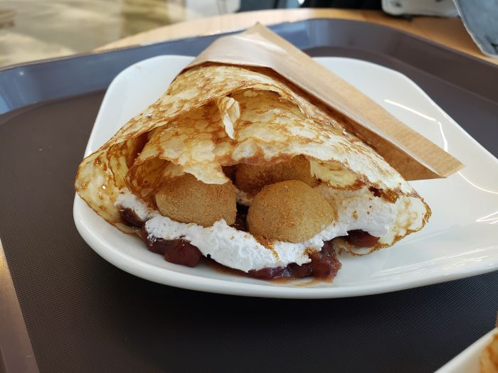 A rice ball and red bean crepe