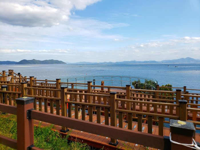 A wooden boardwalk along the coast in South Korea