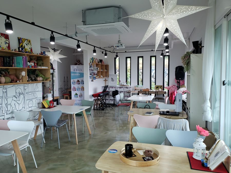 The interior of Ludia Café with a hanging star light