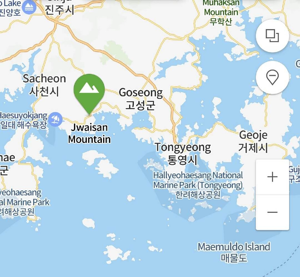 A map showing Jwaisan Mountain between Sacheon and Geoje